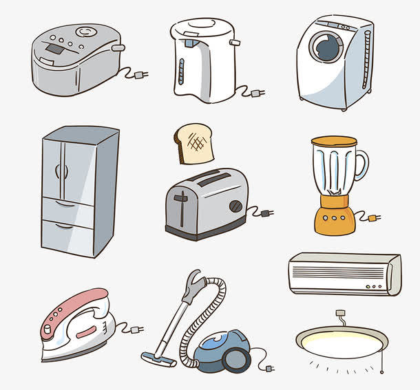 卡通插画家电与印刷机械的创意融合